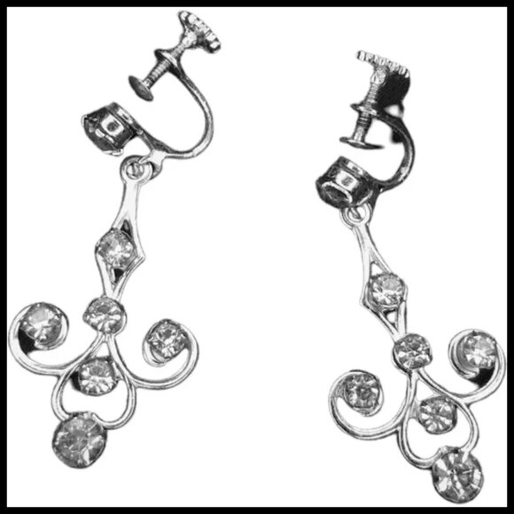Vintage Rhinestone Screwback Drop Earrings, 50s Dangles In Jewelry Gift Box - Picture 6 of 15